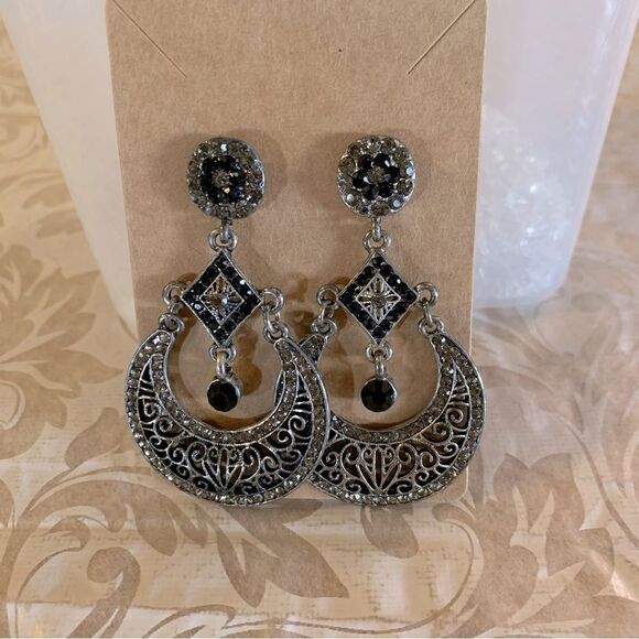 Victorian Inspired Drop Dangle Earrings Silver Tone w/ Clear & Black Crystals 3” - Picture 3 of 4